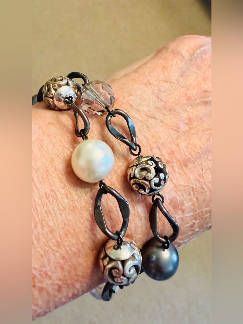 Brighton Pearl and Filigree Bracelet in White and Silver